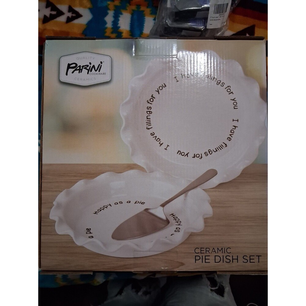 Parini Cookware Happy as a Pie 2-Piece Ceramic Bakeware Set White Pie Dish New
